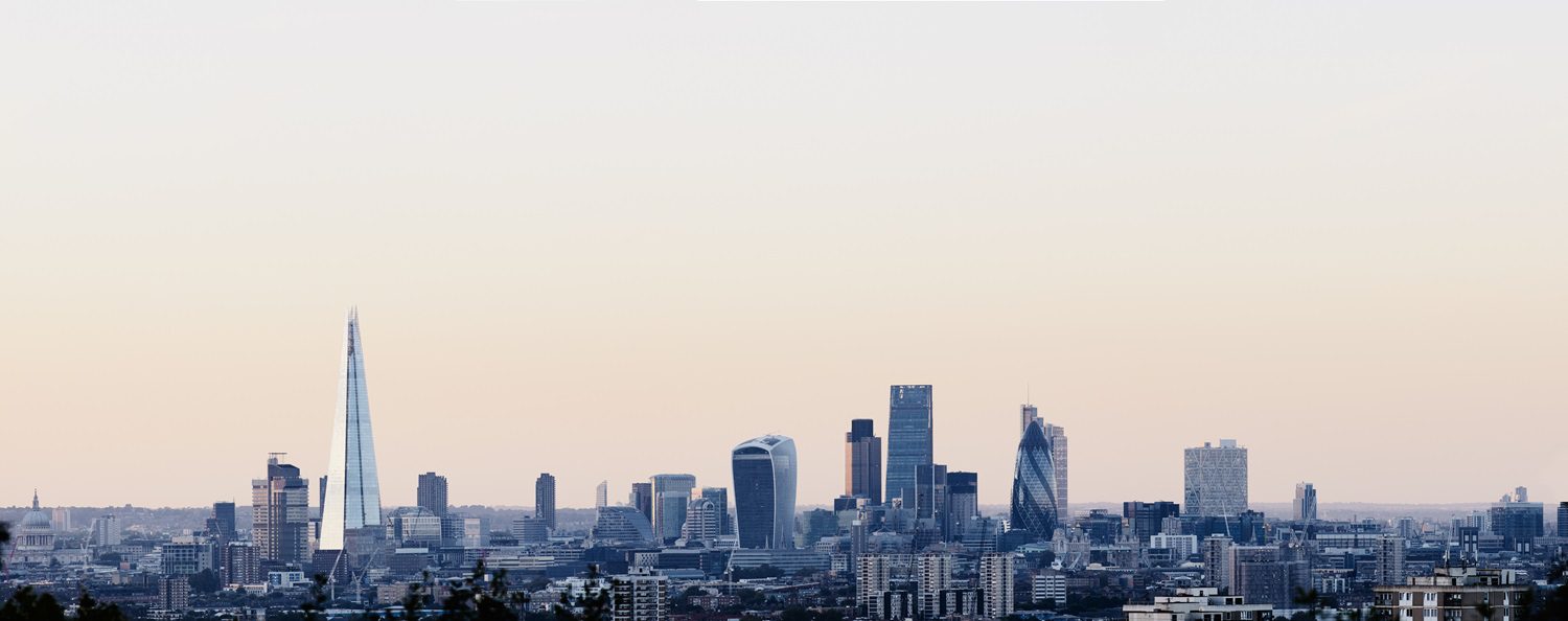 City Of London skyline at sunset, summer time, cream vanilla sky